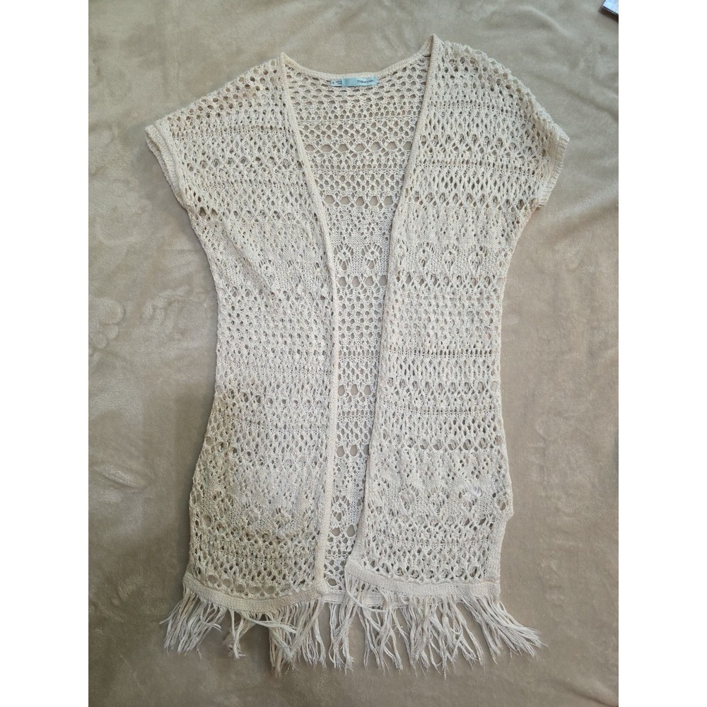 Maurices Cream Crochet Knit Fringe Festival Vest Boho Open Front Cardigan Small